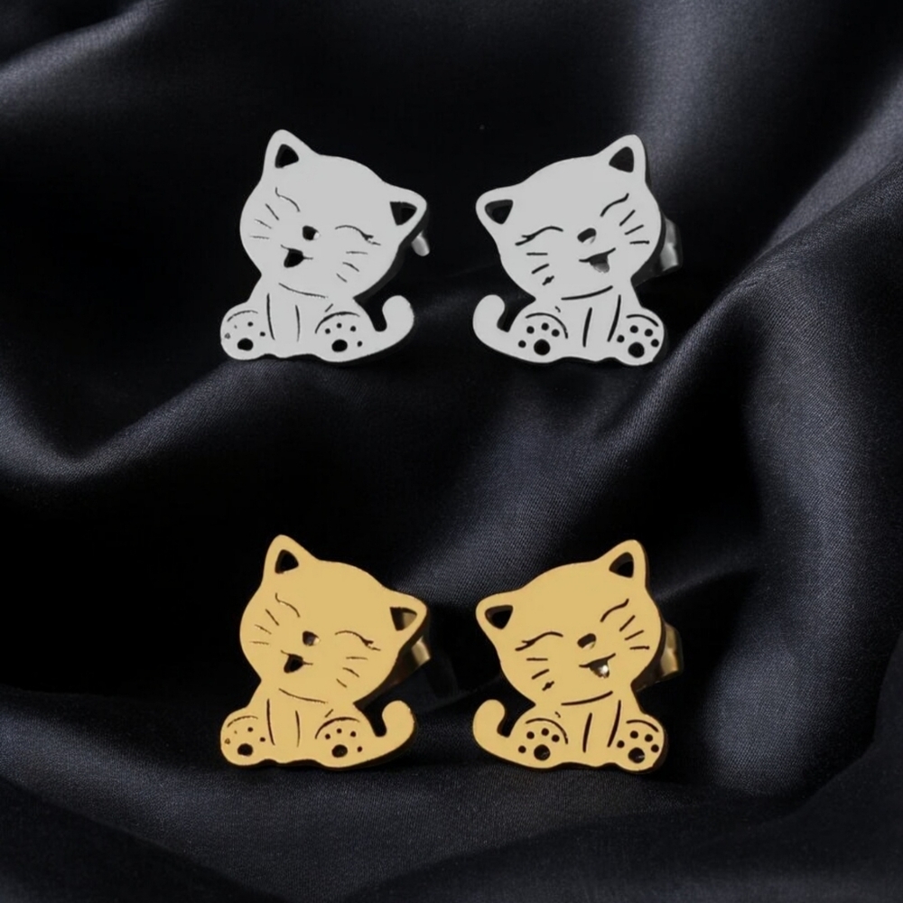 Set‎ Of 2 Pairs Cute Cat Silver And Golden Plated Stud Earrings